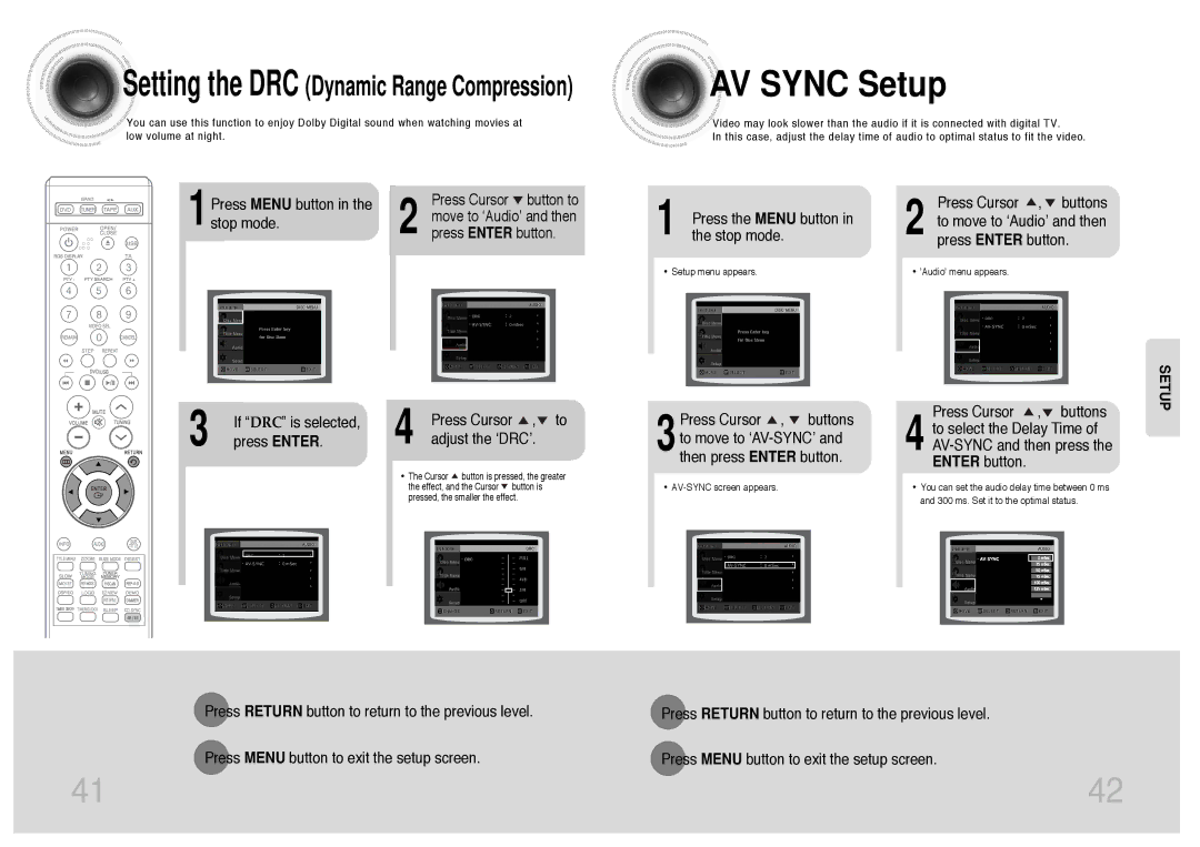 Samsung MM-DT8R/ELS manual AV Sync Setup, Press the Menu button, If DRC is selected, Press Cursor , to adjust the ‘DRC’ 