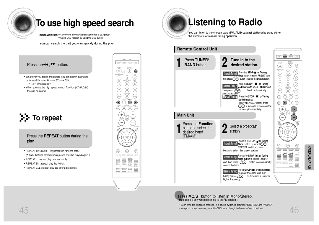 Samsung MM-DT8R/ELS manual To use high speed search, Listening to Radio, Remote Control Unit 