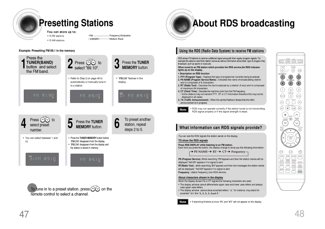 Samsung MM-DT8R/ELS manual About RDS broadcasting, Presetting Stations, 1TUNERBAND button and select the FM band 