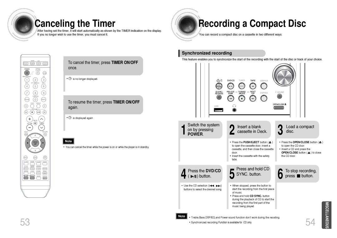 Samsung MM-DT8R/ELS Canceling the Timer, Recording a Compact Disc, Switch the system On by pressing, Load a compact disc 