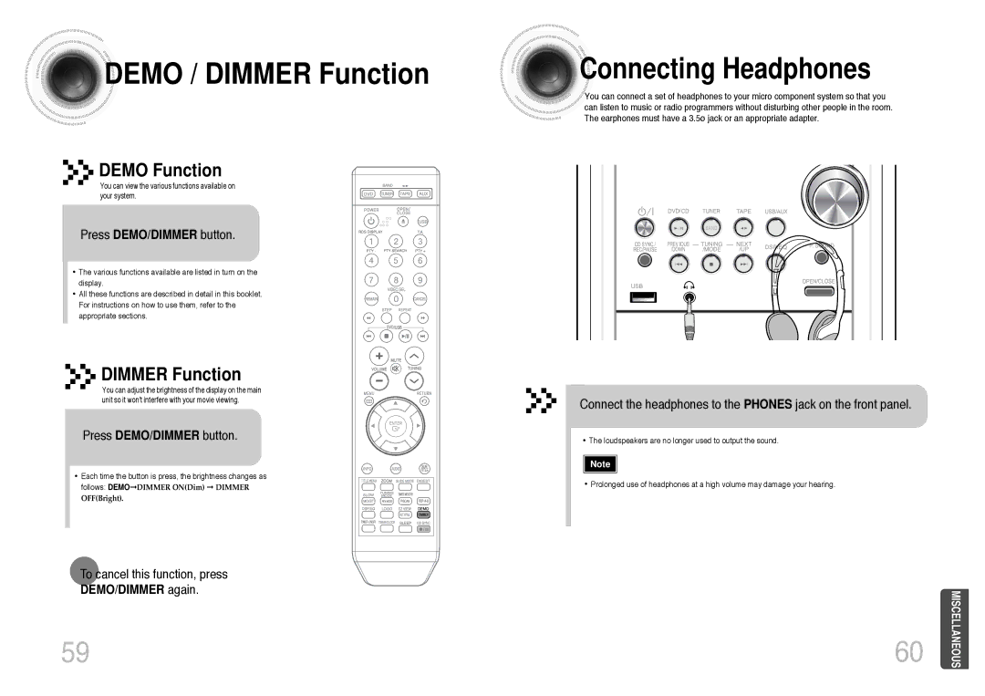 Samsung MM-DT8R/ELS manual Demo / Dimmer Function, Connecting Headphones, Press DEMO/DIMMER button, DEMO/DIMMER again 