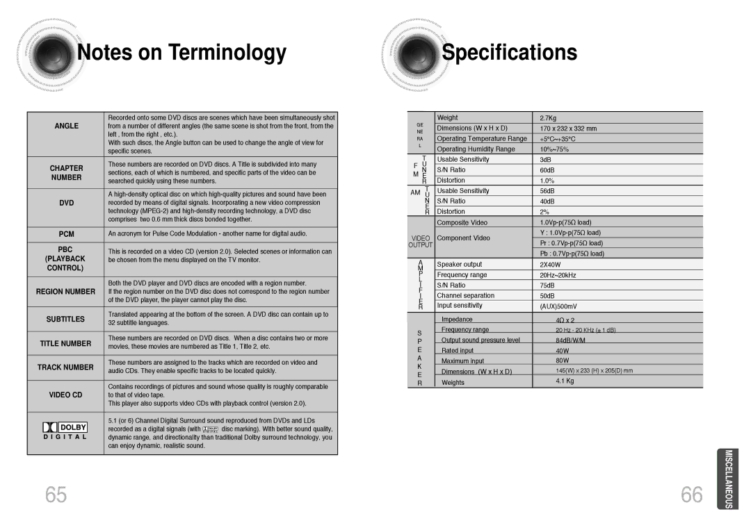 Samsung MM-DT8R/ELS manual Specifications, Angle 