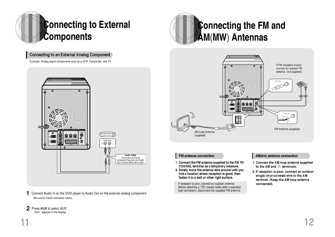 Samsung MM-DT8R/ELS manual FM antenna connection, Ammw antenna connection 