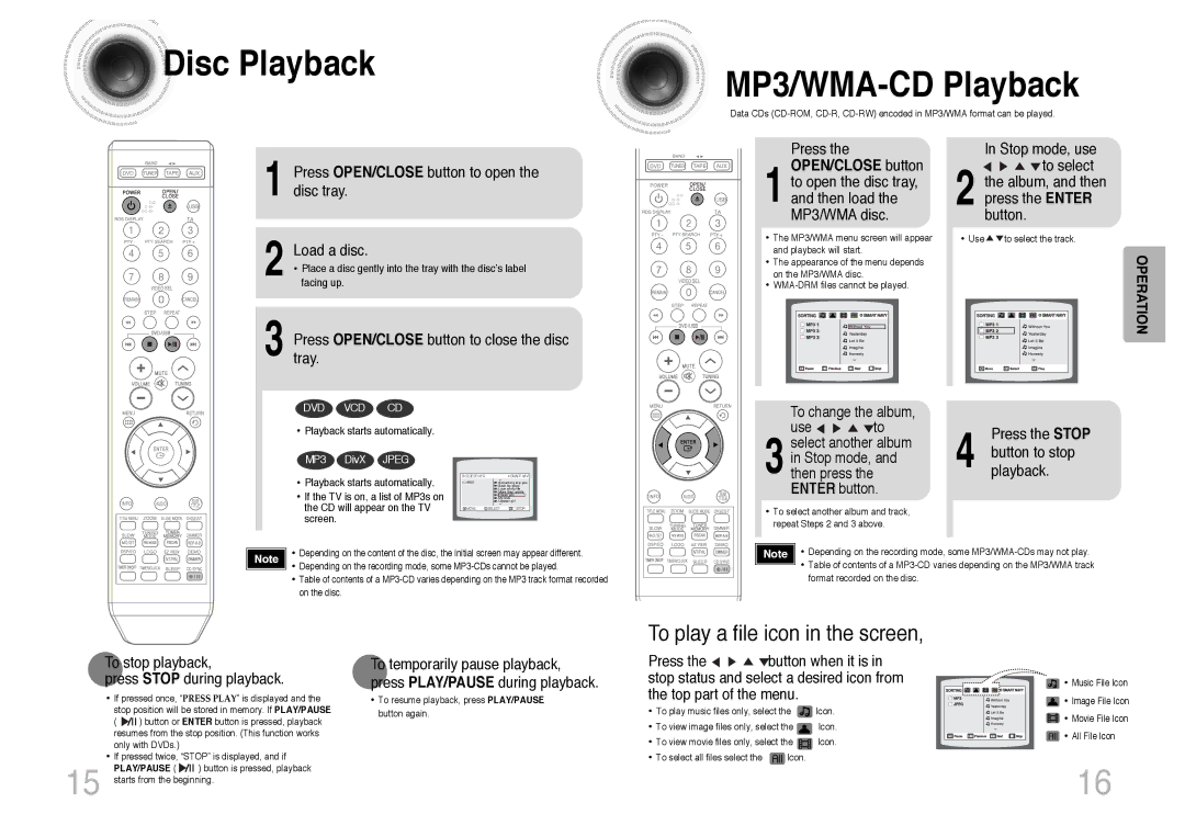 Samsung MM-DT8R/ELS manual Disc Playback MP3/WMA-CD Playback, To play a file icon in the screen 