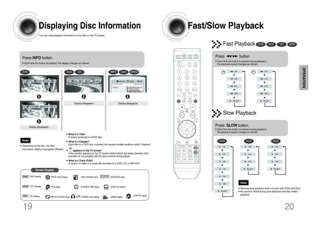 Samsung MM-DX7 instruction manual Fast/Slow Playback, Displaying Disc Information, Press Info button, Press Slow button 