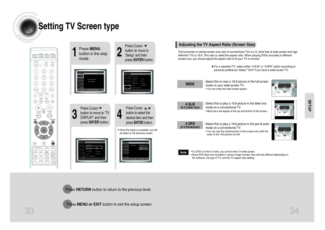 Samsung MM-DX7 instruction manual Press Menu, Button in the stop, Mode, Adjusting the TV Aspect Ratio Screen Size 