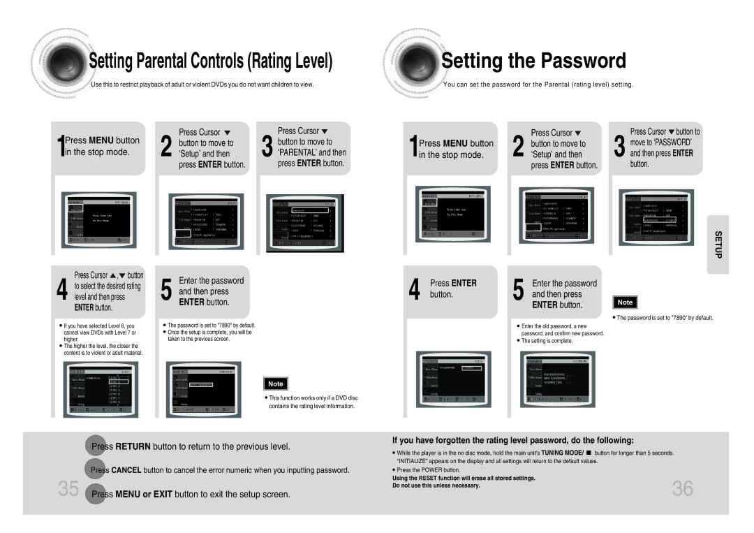 Samsung MM-DX7 instruction manual Setting the Password, 1in the stop mode, 1Press Menu button in the stop mode 