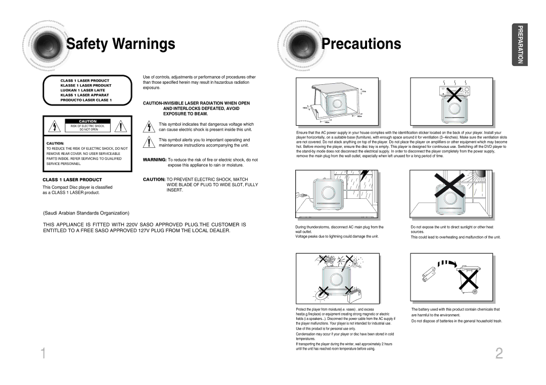 Samsung MM-DX7 instruction manual Safety Warnings, Saudi Arabian Standards Organization 