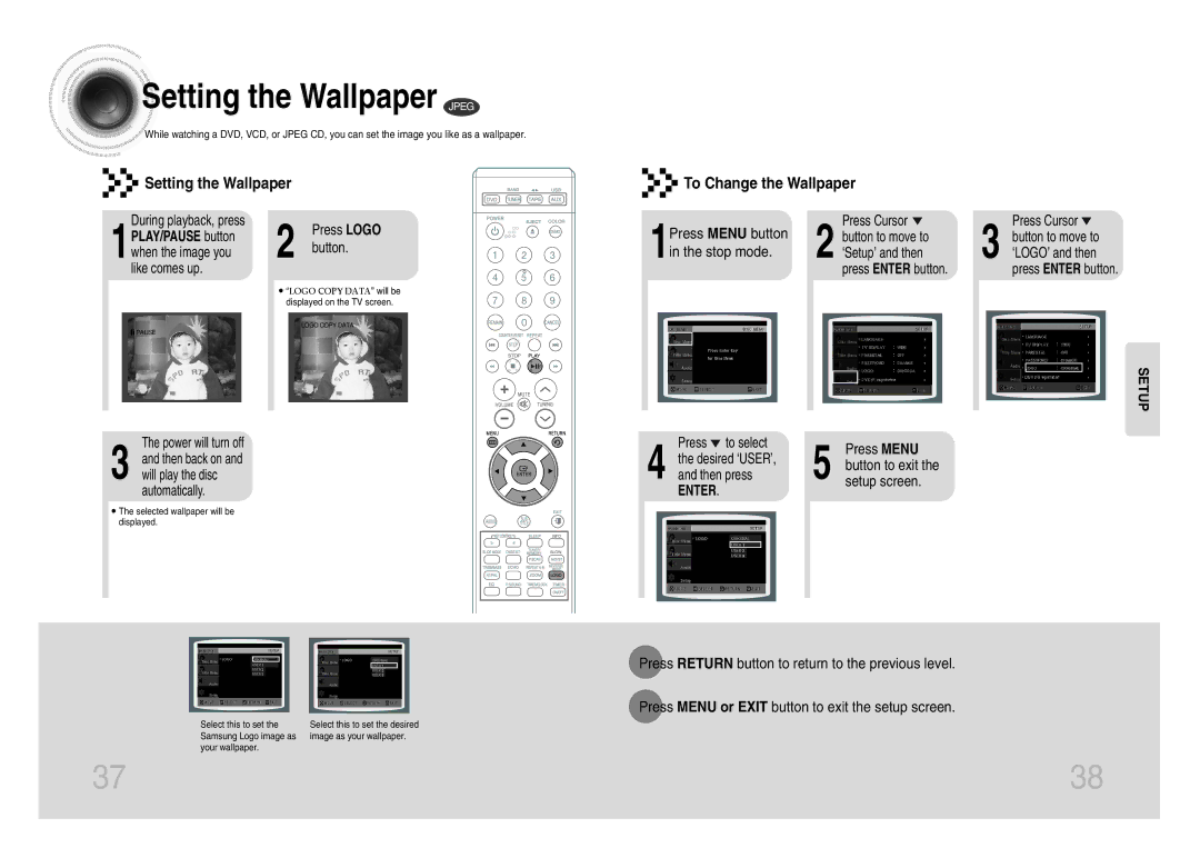 Samsung MM-DX7 Setting the Wallpaper Jpeg, Setting the Wallpaper To Change the Wallpaper, Press Menu, Setup screen 