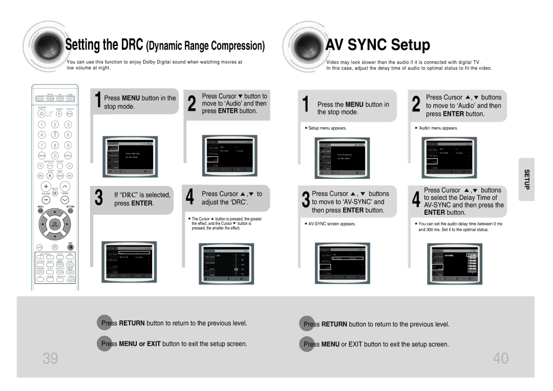 Samsung MM-DX7 AV Sync Setup, Menu button, 1stop, Press Cursor , to adjust the ‘DRC’, Press Cursor , buttons 