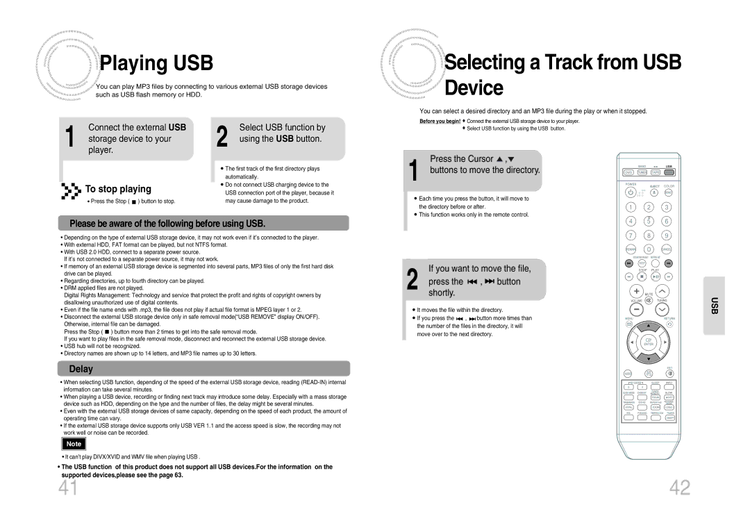 Samsung MM-DX7 instruction manual Playing USB, Selecting a Track from USB Device, To stop playing, Delay, Usb 