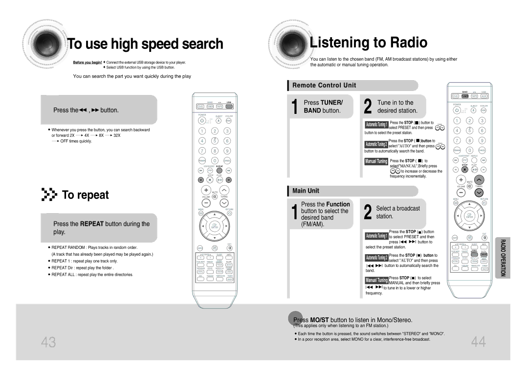 Samsung MM-DX7 To use high speed search, Listening to Radio, Remote Control Unit, Main Unit, Radio Operation 