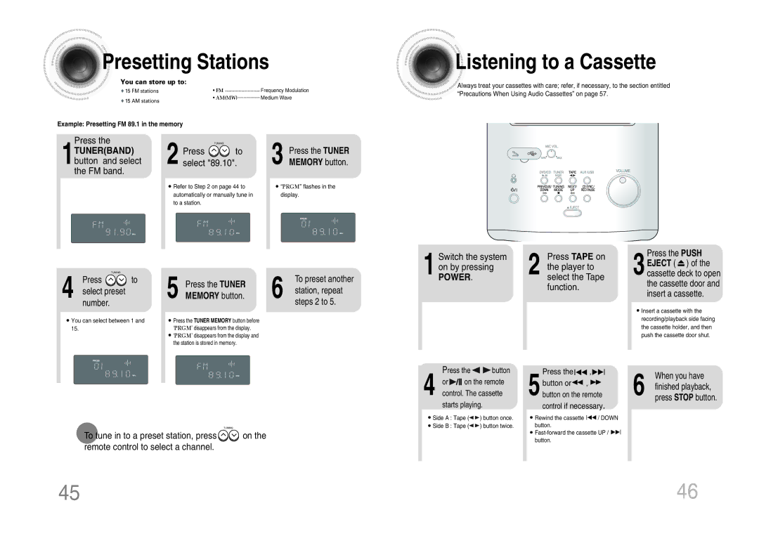 Samsung MM-DX7 Presetting Stations, Listening to a Cassette, 1TUNERBAND button and select the FM band, Power 