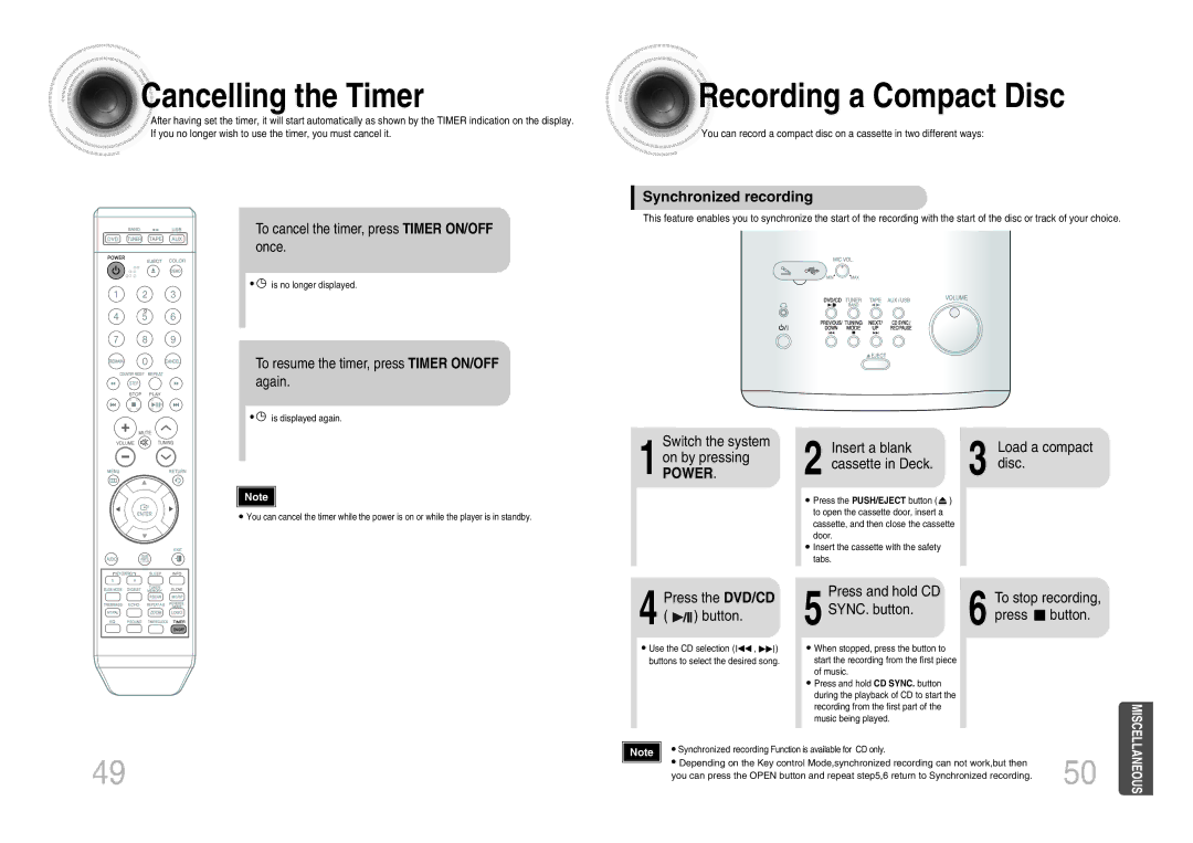 Samsung MM-DX7 instruction manual Cancelling the Timer, Recording a Compact Disc, Synchronized recording 