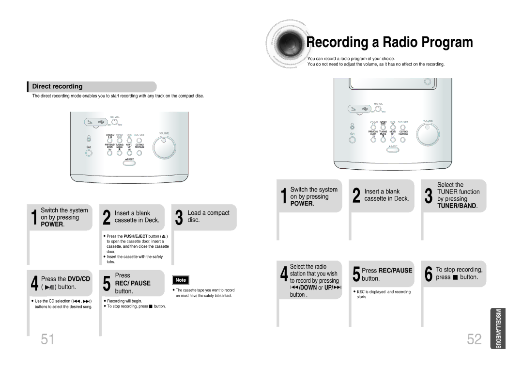 Samsung MM-DX7 Recording a Radio Program, Direct recording, Tuner/Band, REC/ Pause button, 5Press REC/PAUSE 