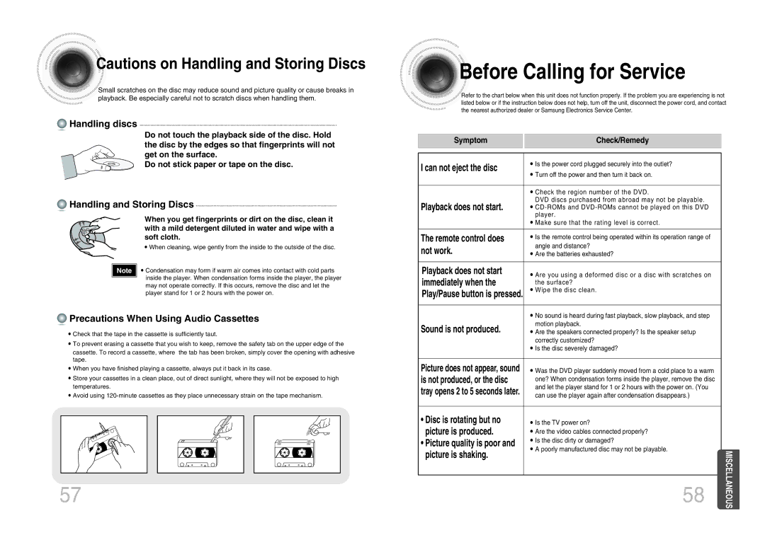 Samsung MM-DX7 instruction manual Before Calling for Service, Handling discs, Handling and Storing Discs 