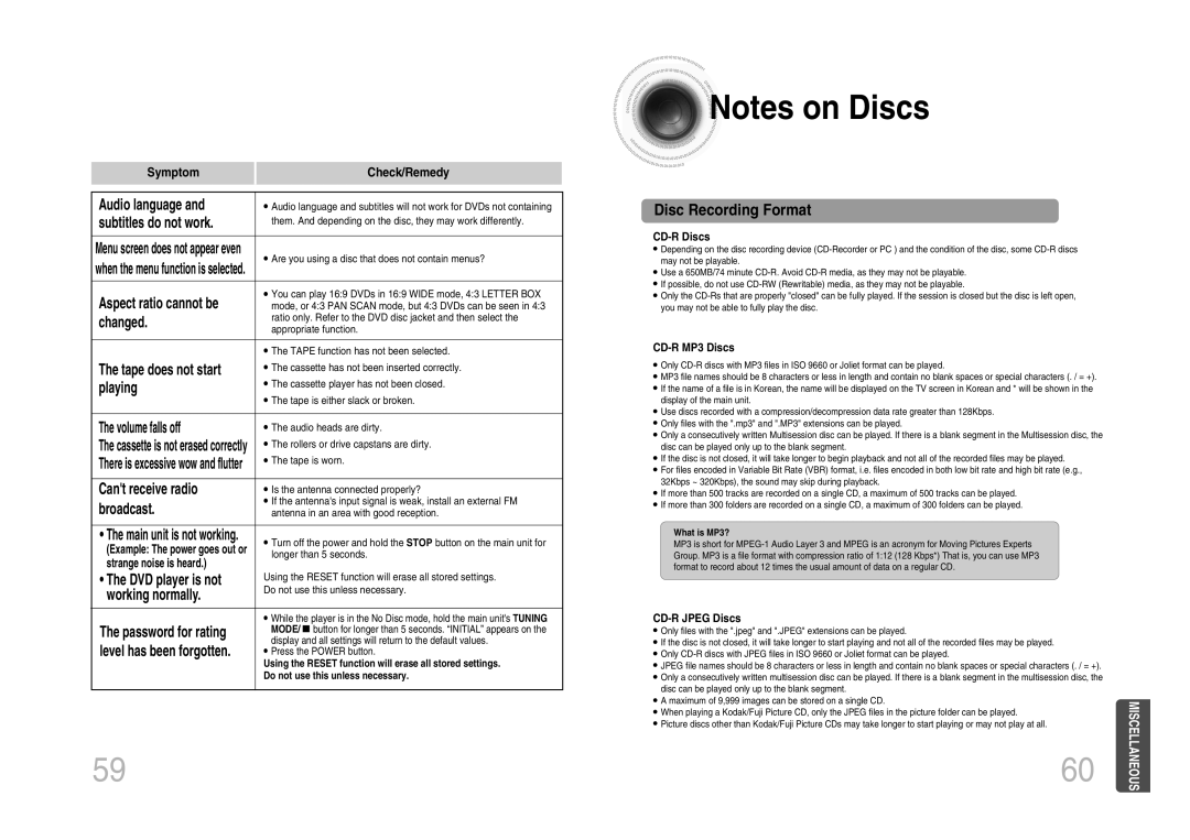 Samsung MM-DX7 instruction manual Disc Recording Format 