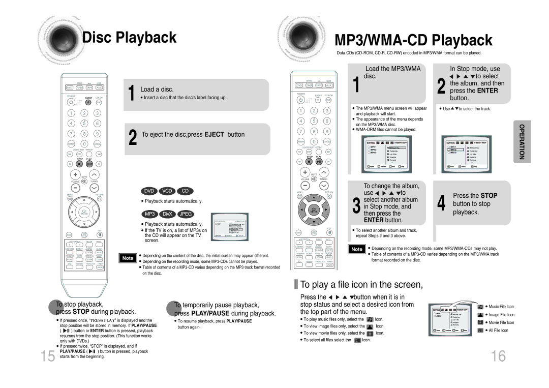 Samsung MM-DX7 instruction manual Disc Playback MP3/WMA-CD Playback, Operation 