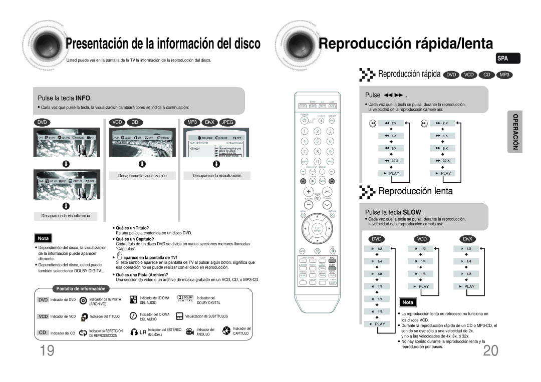 Samsung MM-DX7T/MEA manual Reproducción rápida/lenta, Pulse la tecla Info, Operación, Pulse la tecla Slow 