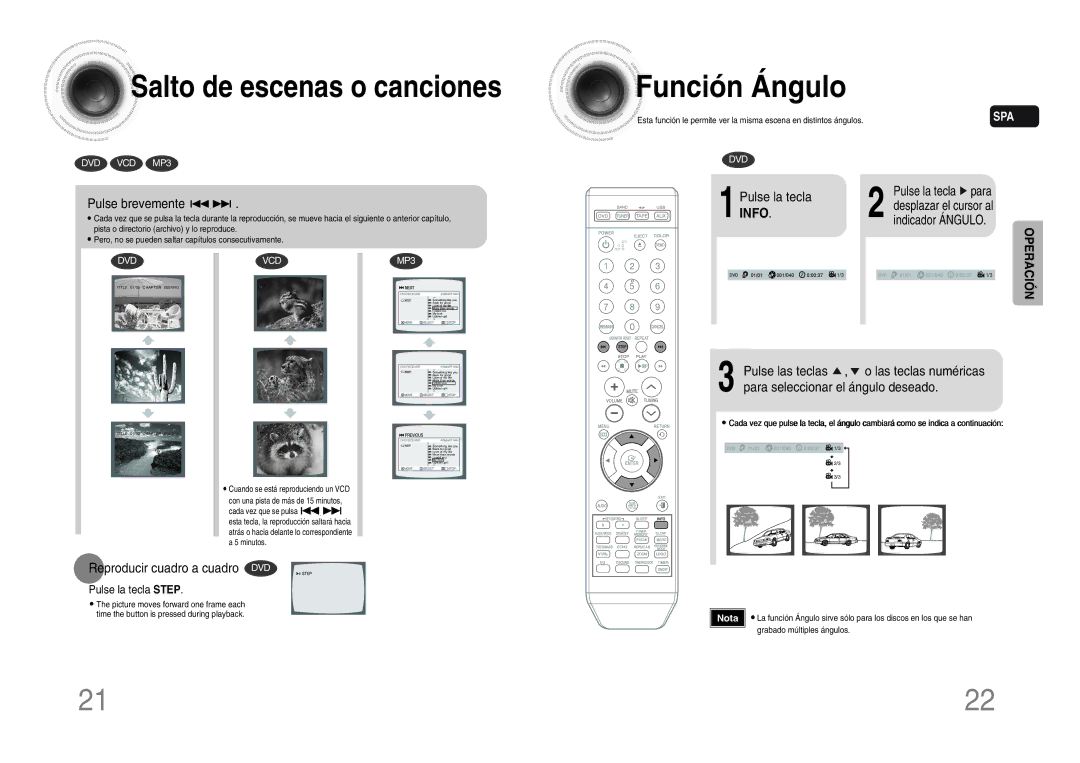 Samsung MM-DX7T/MEA manual Función Ángulo, Pulse brevemente, Reproducir cuadro a cuadro DVD, Pulse la tecla Step 