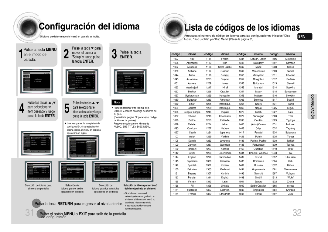 Samsung MM-DX7T/MEA manual Configuración del idioma, Lista de códigos de los idiomas, De onfiguración 