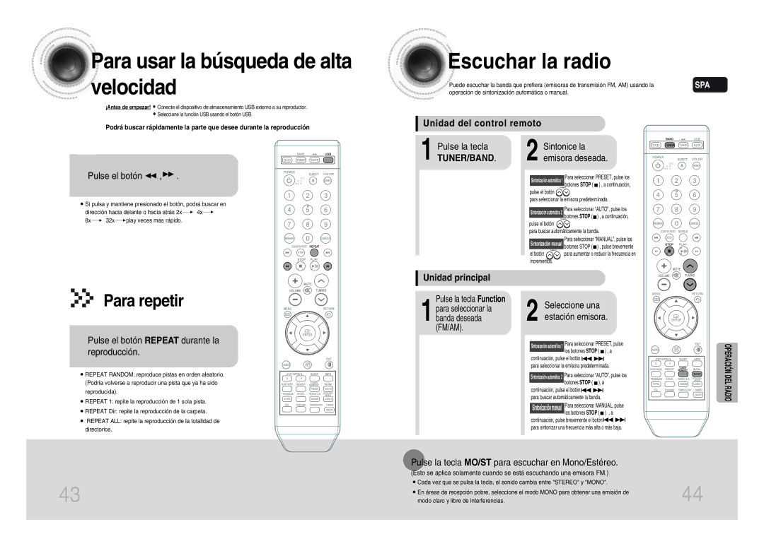 Samsung MM-DX7T/MEA manual Para usar la búsqueda de alta velocidad, Escuchar la radio, Tuner/Band, Operación DEL Radio 