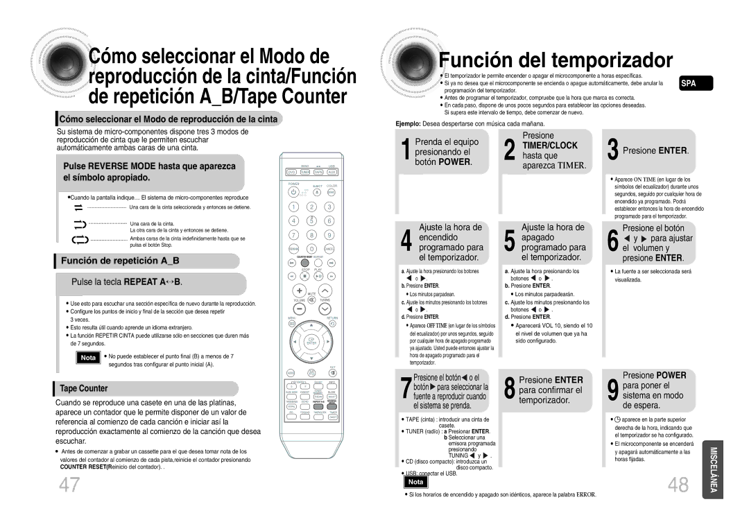 Samsung MM-DX7T/MEA manual Función del temporizador, Cómo seleccionar el Modo de, Función de repetición AB 