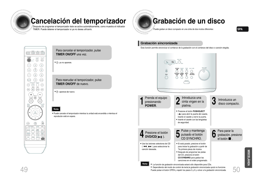 Samsung MM-DX7T/MEA manual Cancelación del temporizador, Grabación de un disco, Grabación sincronizada, Power, Dvd/Cd 