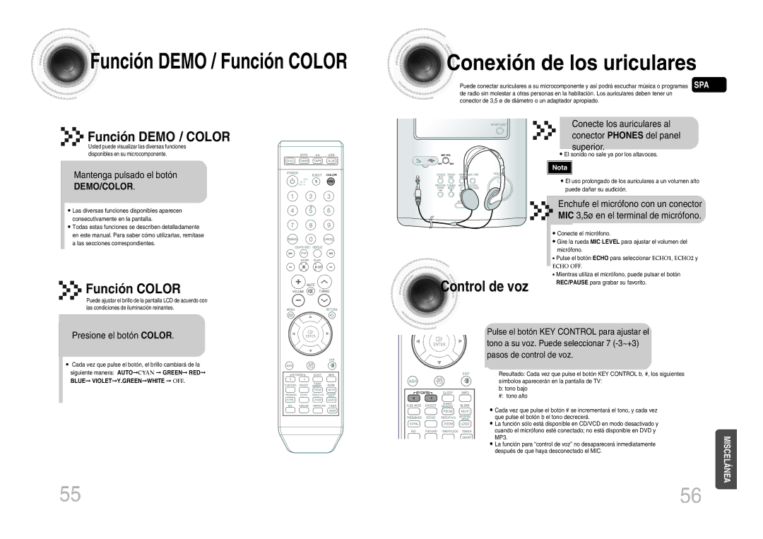 Samsung MM-DX7T/MEA manual Conexión de los uriculares, Función Demo / Color, Función Color, Demo/Color 