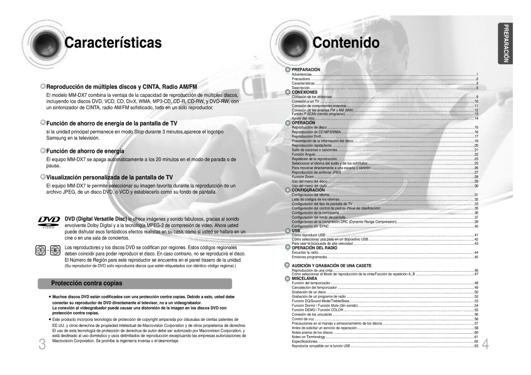 Samsung MM-DX7T/MEA manual Características, Contenido, Protección contra copias 