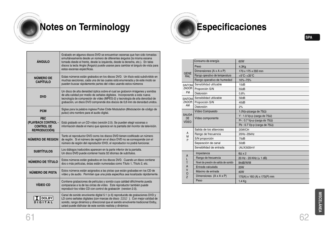 Samsung MM-DX7T/MEA manual Especificaciones 