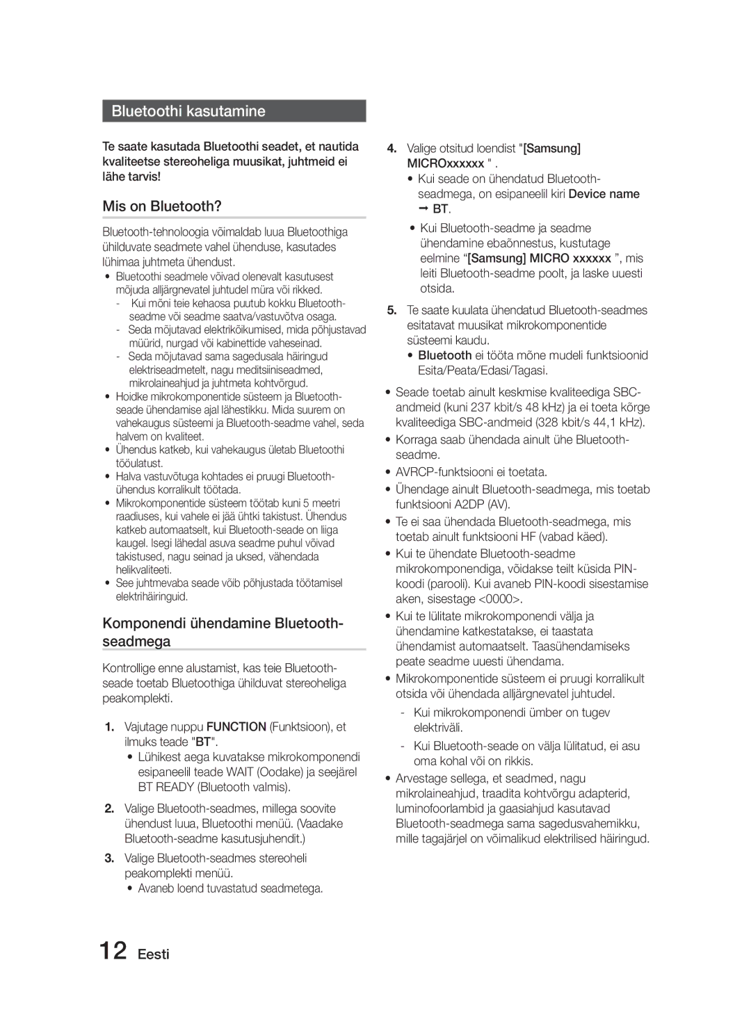 Samsung MM-E320/EN manual Bluetoothi kasutamine, Mis on Bluetooth?, Komponendi ühendamine Bluetooth- seadmega 