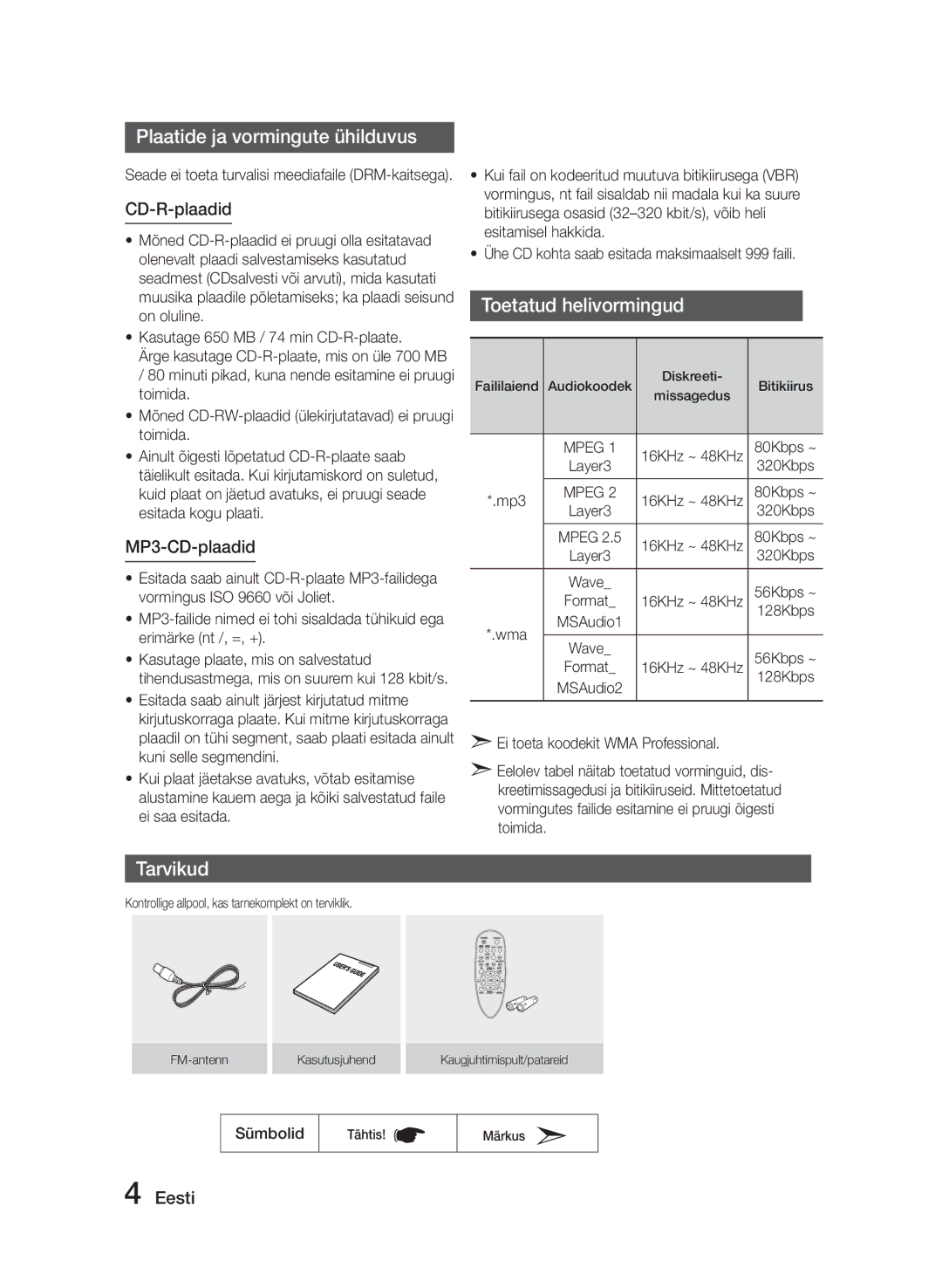 Samsung MM-E320/EN manual Plaatide ja vormingute ühilduvus, Toetatud helivormingud, Tarvikud, CD-R-plaadid, MP3-CD-plaadid 