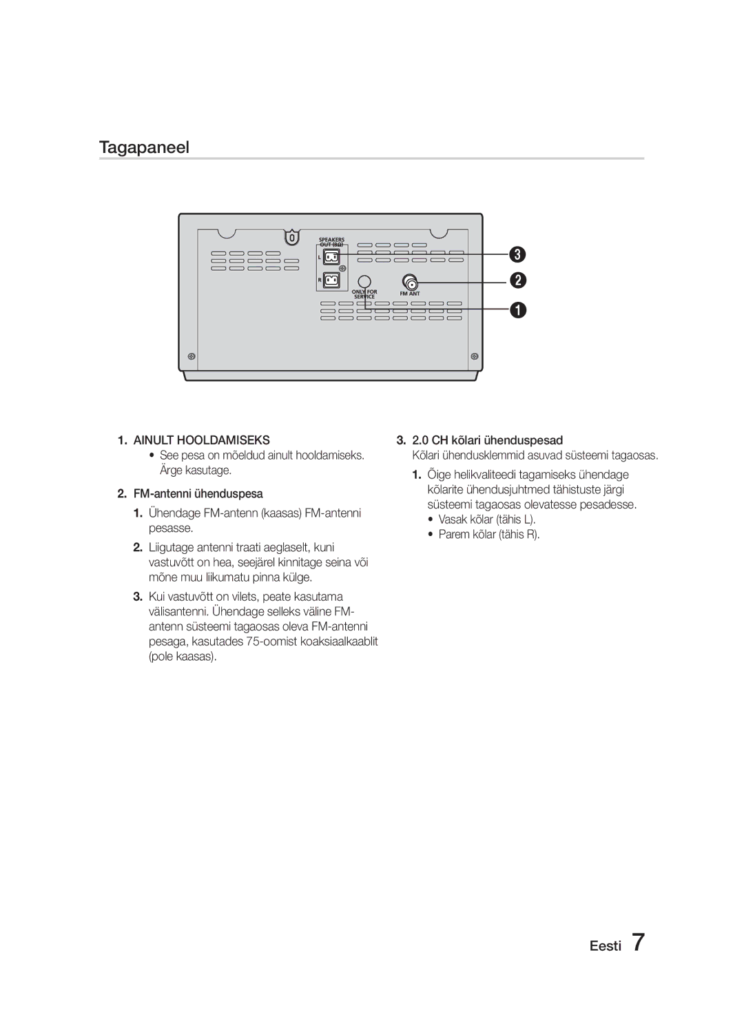 Samsung MM-E320/EN manual Ainult Hooldamiseks, Vasak kõlar tähis L Parem kõlar tähis R 