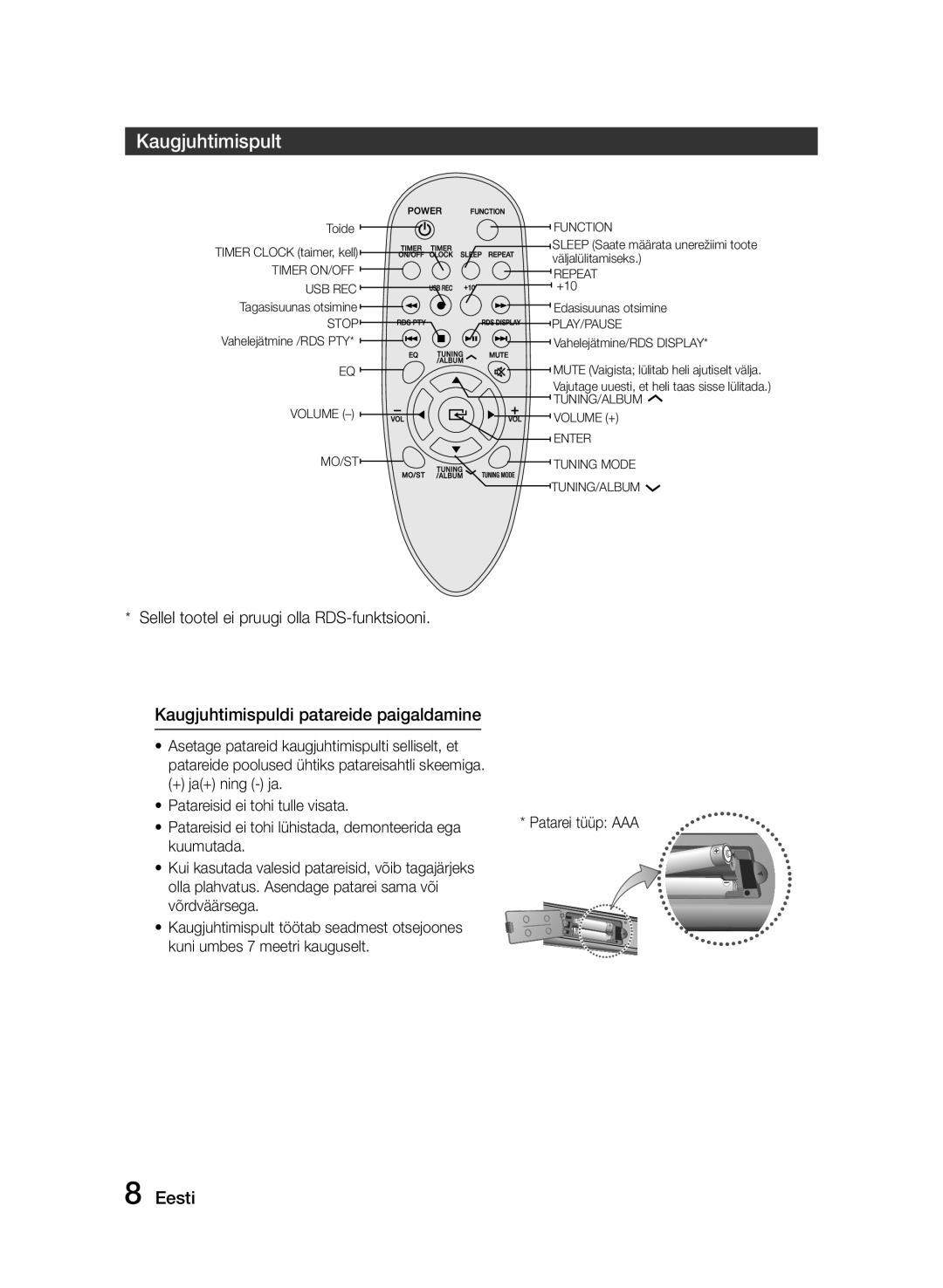 Samsung MM-E320/EN manual Kaugjuhtimispult, Kaugjuhtimispuldi patareide paigaldamine 