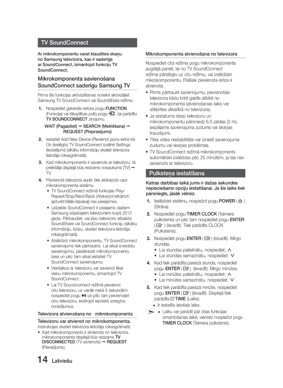 Samsung MM-E320/EN manual TV SoundConnect, Pulksteņa iestatīšana, Pogu Enter, Lai minūtes palielinātu, nospiediet 