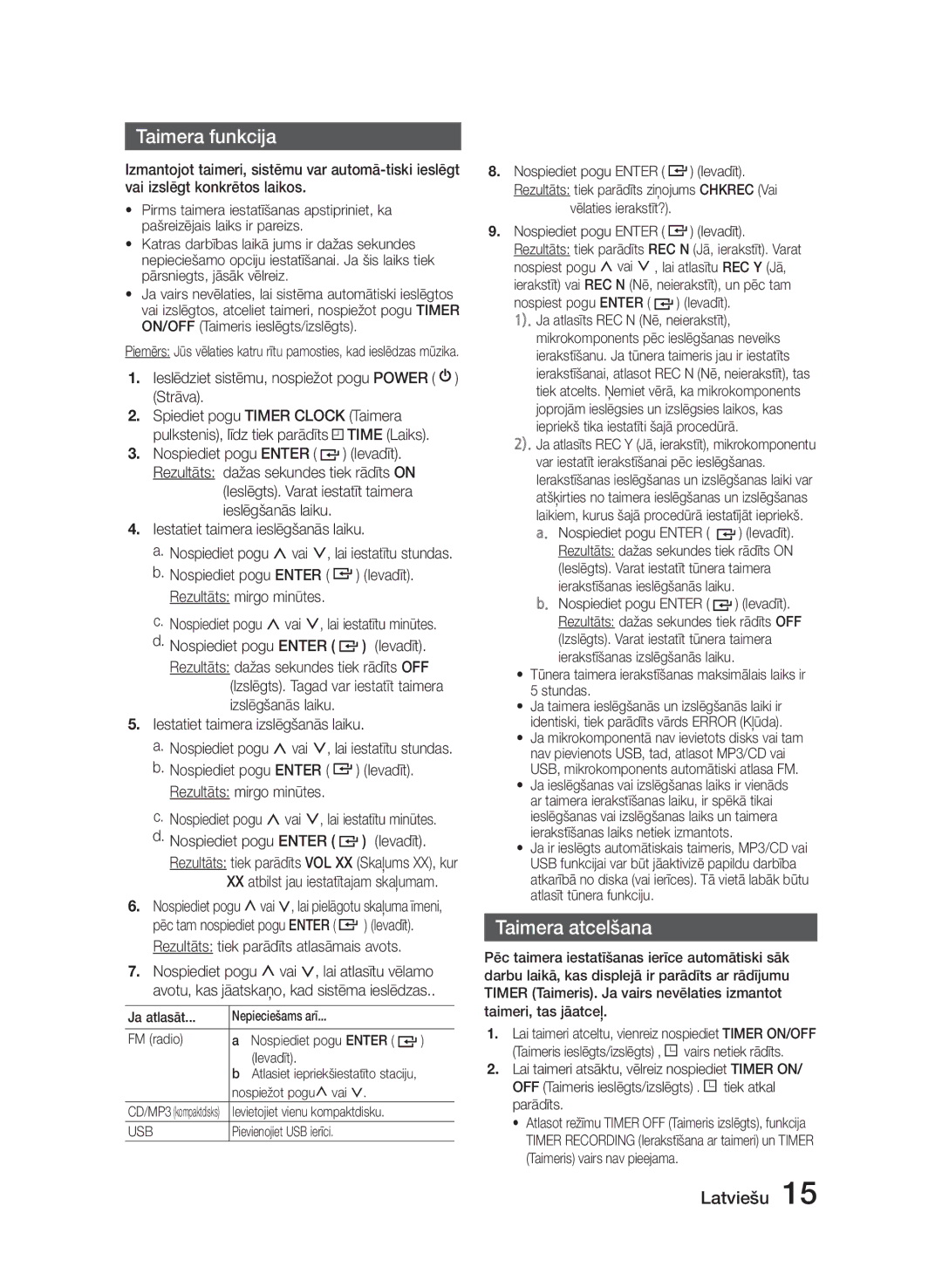 Samsung MM-E320/EN manual Taimera funkcija, Taimera atcelšana, XX atbilst jau iestatītajam skaļumam 