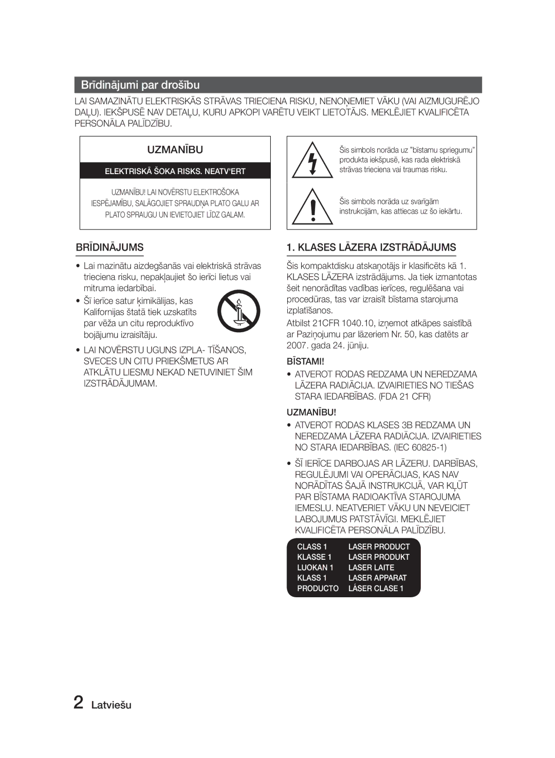 Samsung MM-E320/EN manual Brīdinājumi par drošību, Latviešu, Bīstami, Uzmanību 