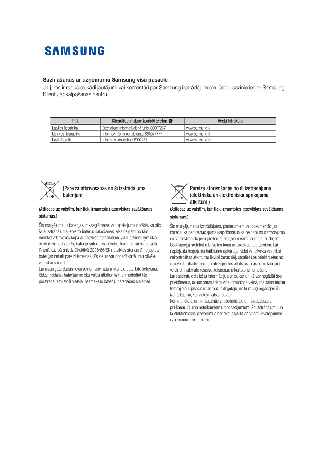 Samsung MM-E320/EN manual Sazināšanās ar uzņēmumu Samsung visā pasaulē, Pareiza atbrīvošanās no šī izstrādājuma baterijām 