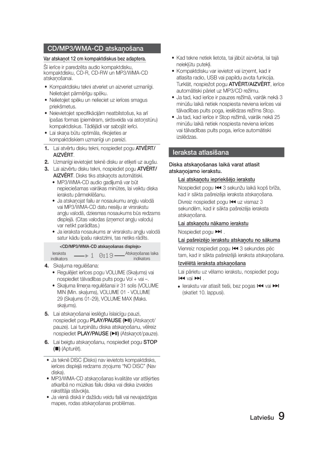 Samsung MM-E320/EN manual CD/MP3/WMA-CD atskaņošana, Ieraksta atlasīšana, Skaļuma regulēšana 