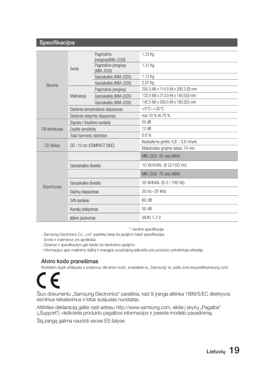 Samsung MM-E320/EN manual Specifikacijos, Atviro kodo pranešimas 