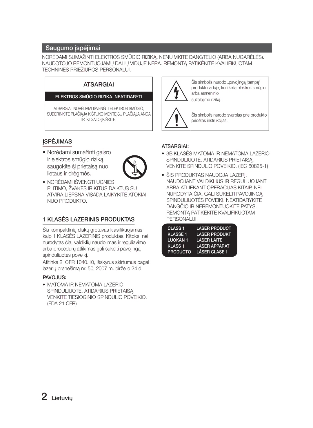 Samsung MM-E320/EN manual Saugumo įspėjimai, Lietuvių 