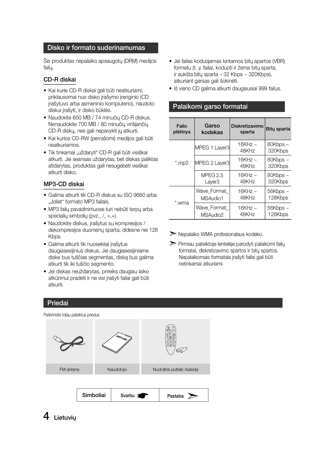 Samsung MM-E320/EN manual Disko ir formato suderinamumas, Palaikomi garso formatai, Priedai, CD-R diskai, MP3-CD diskai 