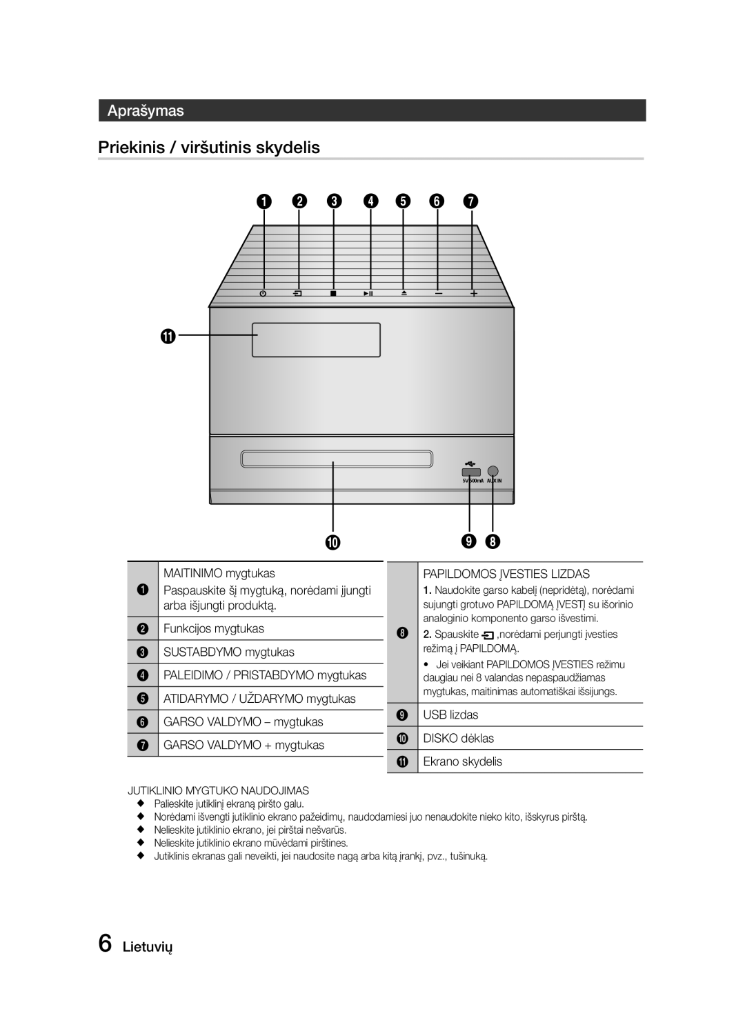 Samsung MM-E320/EN manual Aprašymas, Papildomos Įvesties Lizdas, USB lizdas Disko dėklas ! Ekrano skydelis 