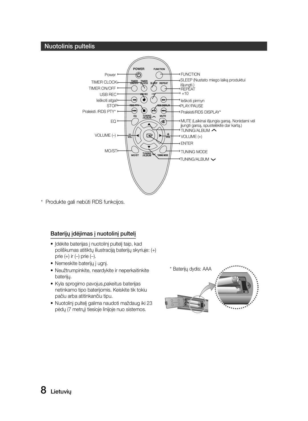 Samsung MM-E320/EN manual Nuotolinis pultelis, Baterijų įdėjimas į nuotolinį pultelį, Produkte gali nebūti RDS funkcijos 