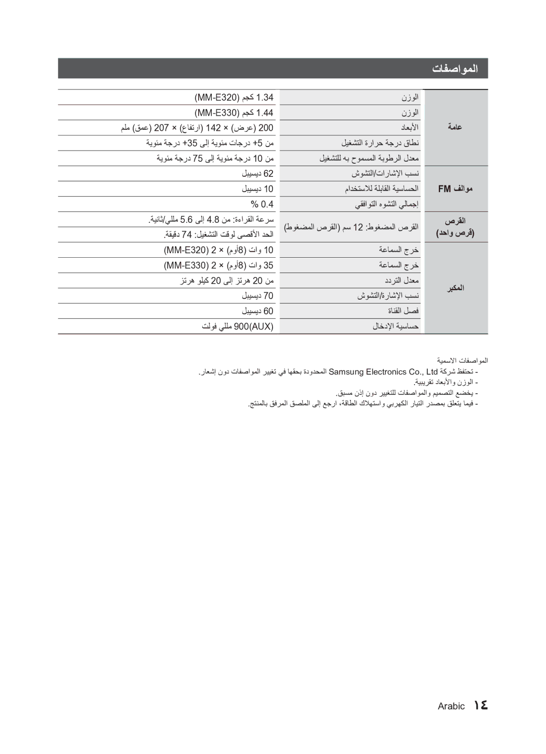 Samsung MM-E320/UM manual تافصاوملا, ةماع Fm فلاوم صرقلا دحاو صرق ربكملا 