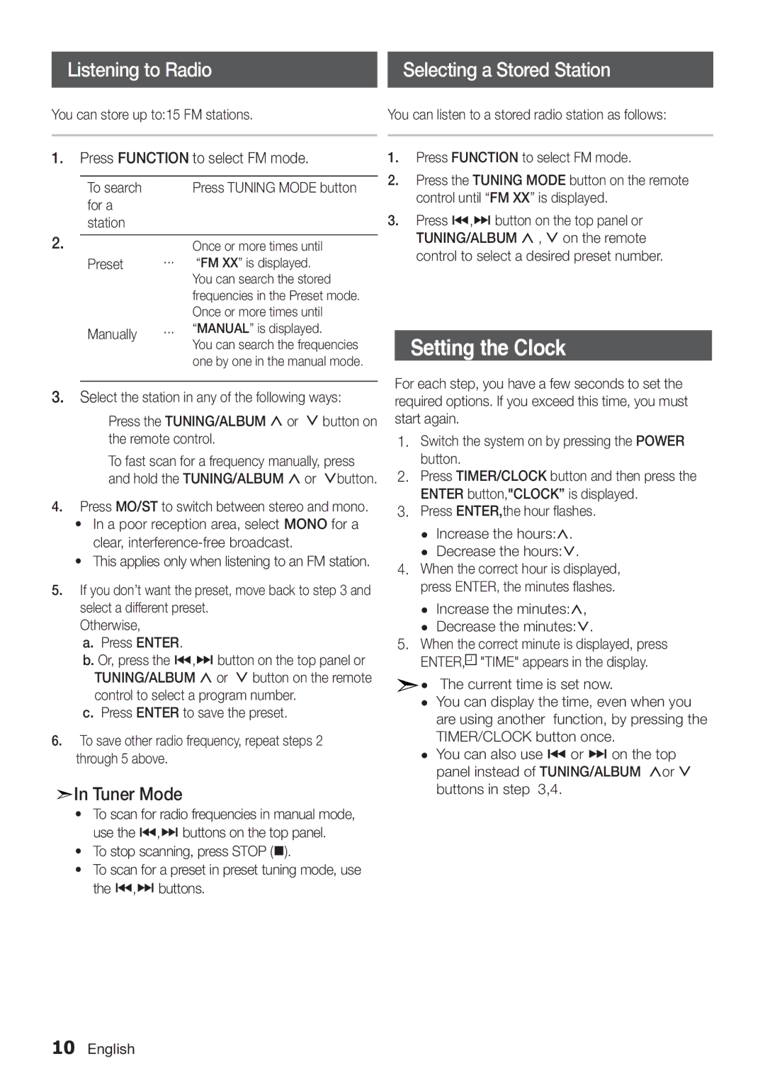 Samsung MM-E320/UM manual Control until FM XX is displayed, Press , button on the top panel or, Preset Manually 