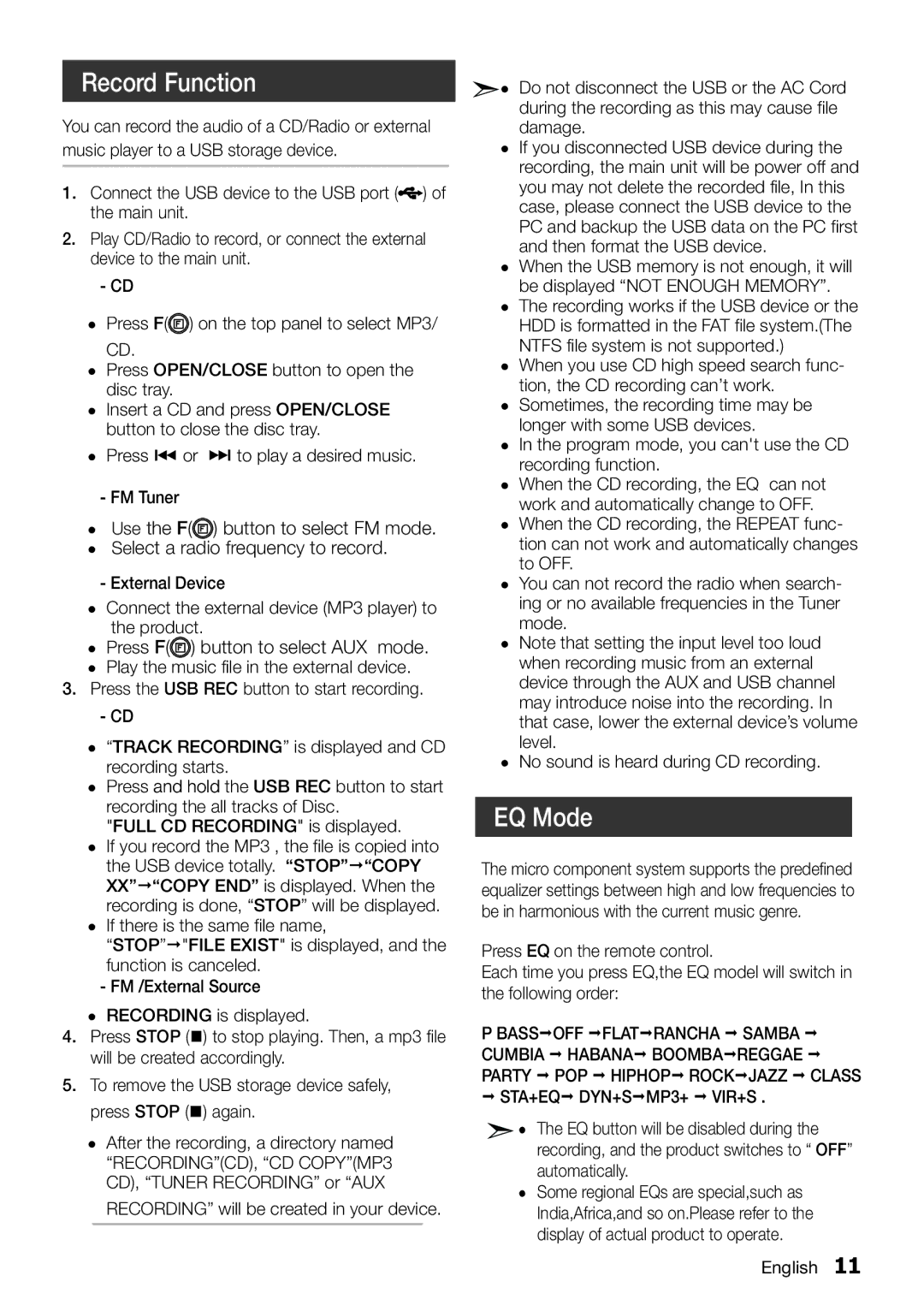 Samsung MM-E320/UM manual Record Function, EQ Mode 