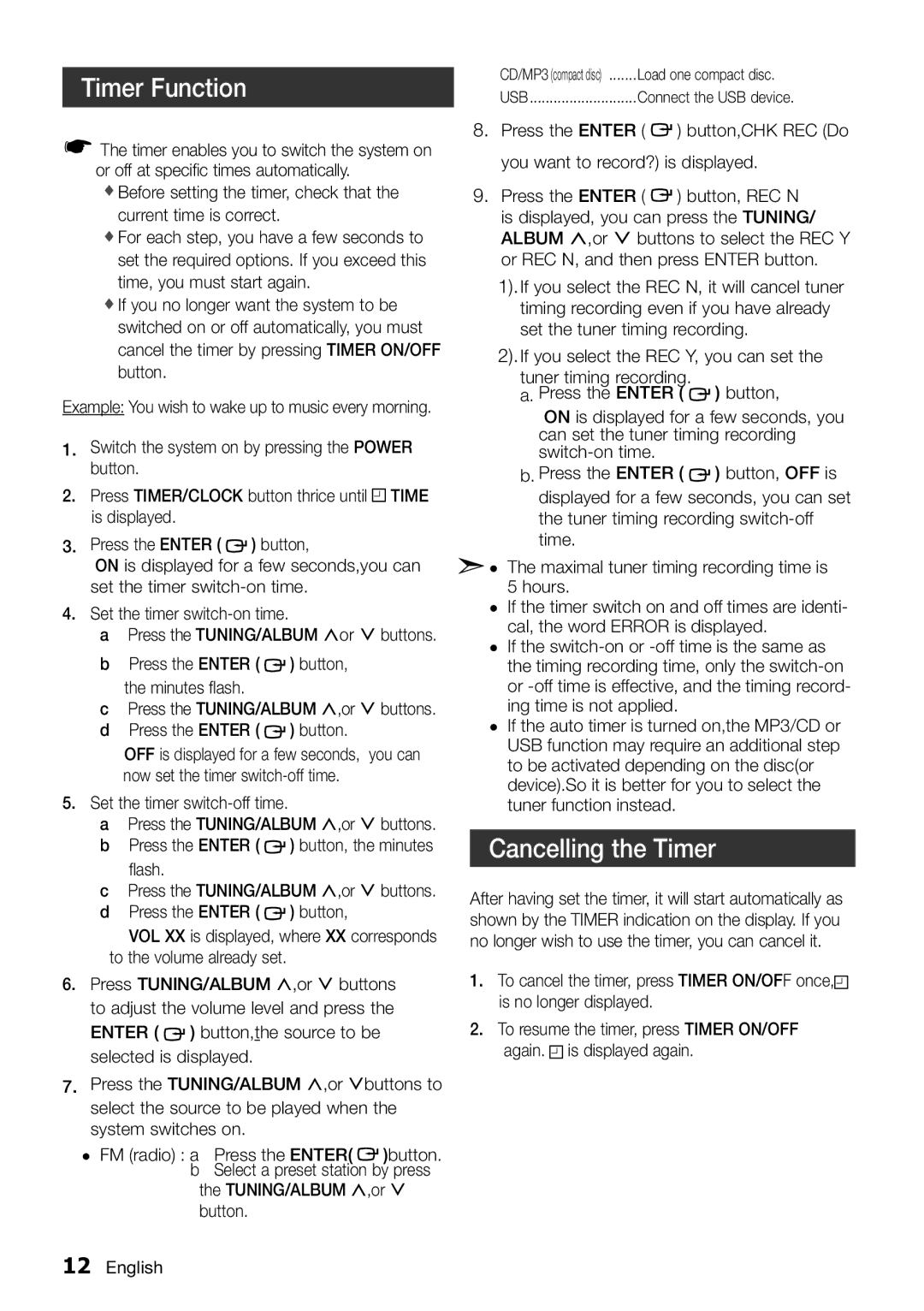 Samsung MM-E320/UM manual Timer Function, Cancelling the Timer, TUNING/ALBUM ,,or Button English 