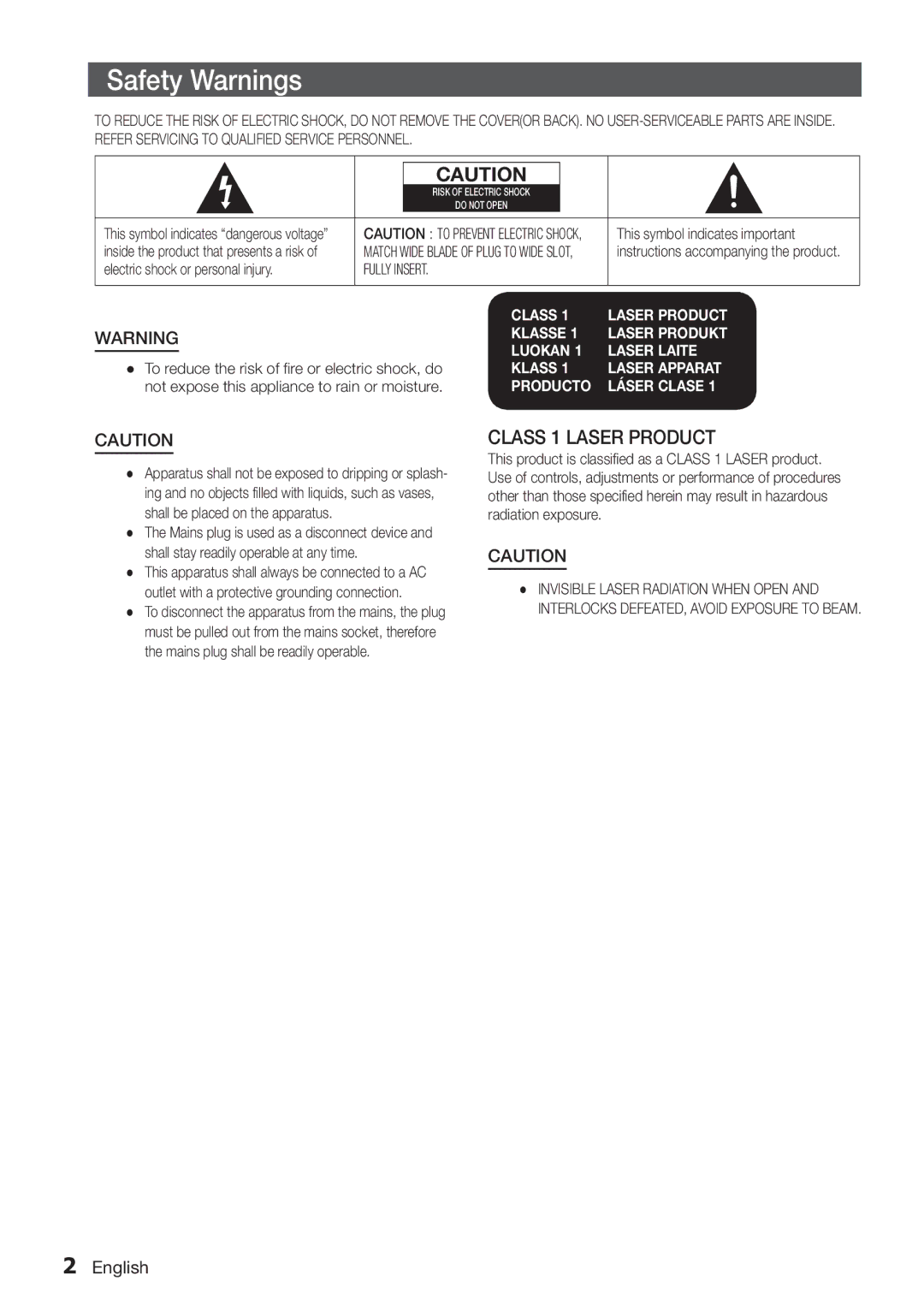 Samsung MM-E320/UM manual Safety Warnings, English 